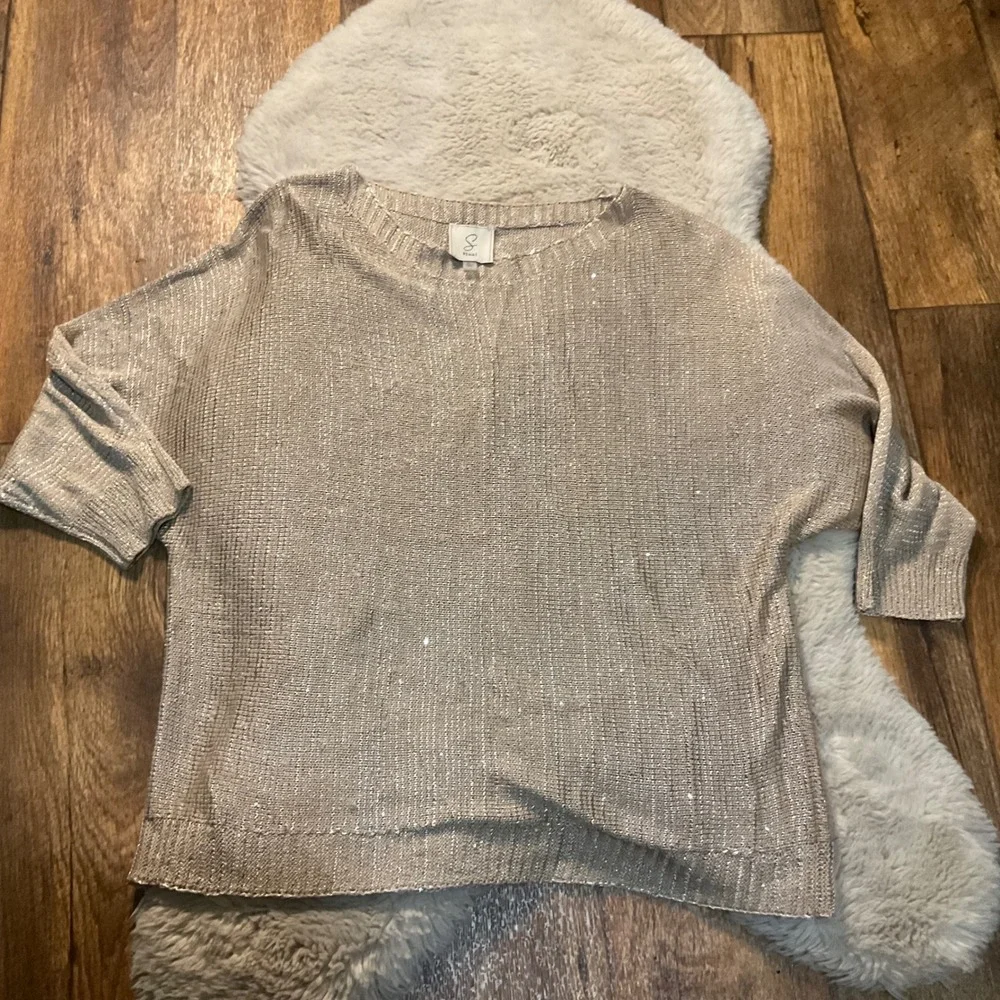 Sioni Size Large Sweater 3/4 Sleeve‎ Tan Sparkle Womens Open Knit